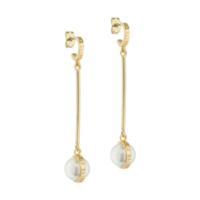 Image of Ted Baker Perllie Logo Pearl Long Drop Earrings For Women (Gold Tone/Pearl)