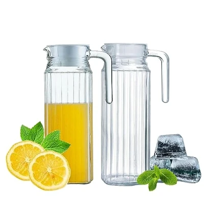 Image of HOMESHOPA Glass Water Jug with Lid, 1.2L Pitcher Carafe for Hot/Cold Ice Tea Coffee Milk &amp; Juice Beverage, Transparent Fridge Door Spout and Handle (2 Pack)