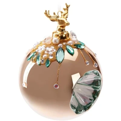 Image of BRUBAKER Premium Christmas Bauble Gold with Deer Figure 3.9 inches (10 cm) Tree Ornament Bead Decorations Hand Decorated Glass Decoration