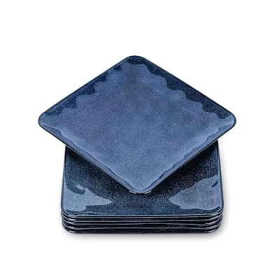Image of vicrays Ceramic Square Plates Set of 6 Porcelain 8 inch Dinner for Salad Dessert Appetizer Bread Microwave Oven and Dishwasher Safe Blue