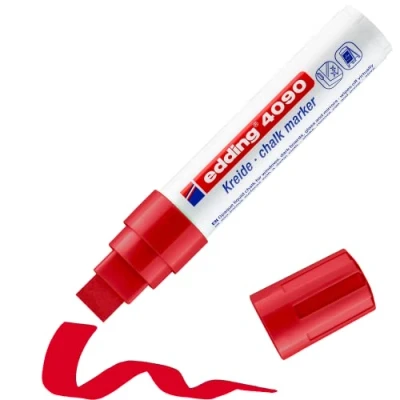 Image of edding 4090 chalk marker red 1 pen chisel nib 4 15 mm broad wet wipe for chalkboards, windows, glass, mirrors liquid pens opaque coverage