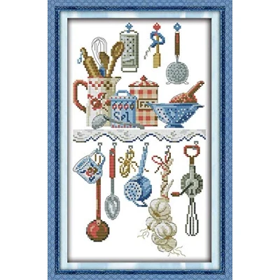 Image of Awesocrafts Cross Stitch Kits, Kitchenware Abstract Easy Patterns Stitching Embroidery Kit Supplies, Counted Options for Adults Beginners Kids Gifts (Kitchenware, Counted)