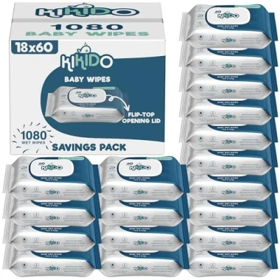 Image of Kikido Baby Wipes 1080 Wet (Multipack Box with 18 Packs of 60) Safe for Nappy Changing, Face and Hands Gentle &amp; Soft Wipe Natural Ingredients