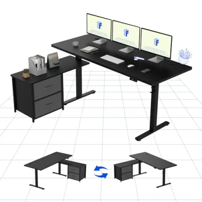 Image of FLEXISPOT Standing Desk 160x70cm Electric Sit Stand Table Height Adjustable L Shaped with 2 Drawers for Home Office Black