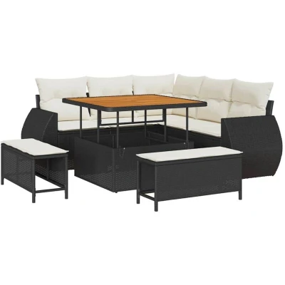 Image of Vidaxl 8 Piece Garden Sofa Set with Cushions Black Poly Rattan Acacia