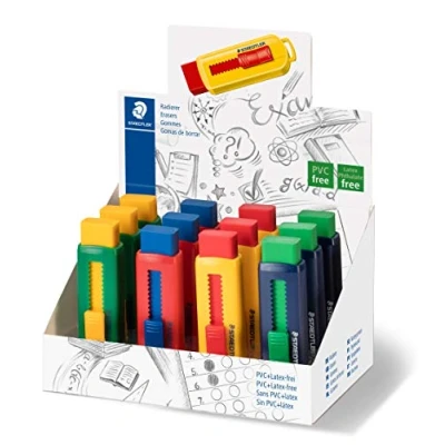Image of STAEDTLER 525 PS1 S PVC Free Eraser Assorted Colors, Pack of 12 with Sliding Plastic Sleeves