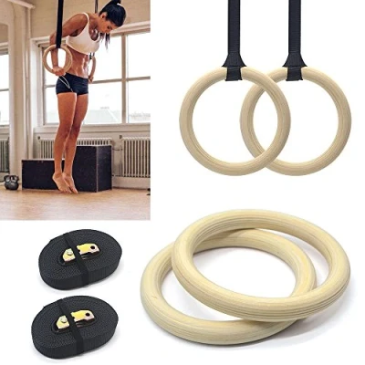 Image of Wooden Gymnastic Rings Adjustable Pair Olympic Crossfit Gym Strength Training