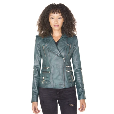 Image of Ladies Retro Teal 100% Nappa Leather Biker Jacket 4XL
