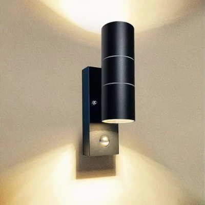 Image of Wondlumi Outdoor Wall Lights PIR Motion Sensor Outside Light Mains Powered Lamp IP44 Security Lighting Black, Incl. 2X 5W GU10 LED Bulbs Warm White