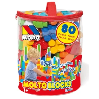 Image of M MOLTO Bag of toy blocks. Blocks to build. stack and fit together. 60/80/150 pieces. (80 pieces, Red)