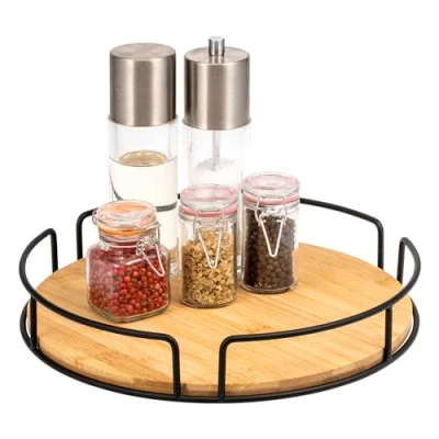 Image of eluno Turntable made of metal with bamboo base, diameter approx. 30 cm, rotating spice rack, Lazy Susan cabinet organiser, bathroom organiser (black)