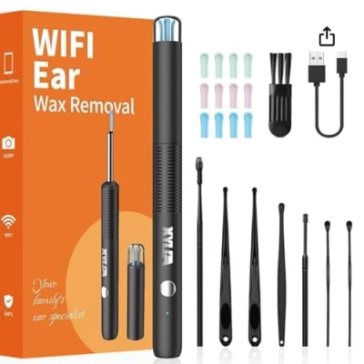 Image of Xylla Ear Wax Removal Kit 1920P HD Camera Wireless Cleaner Otoscope with 12 PCS Spoons &amp; 6 LED Lights Earwax Remover Tool Portable Type C Rechargeable for iPhone iPad Android (Black)