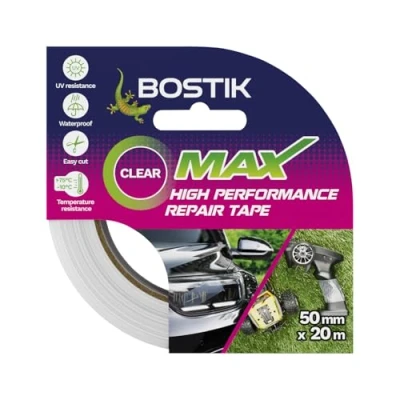 Image of Bostik Max Repair Tape Clear Ultra Strong Waterproof Duct Maximum Bond Strength Heat, Water &amp; UV Resistant Indoor Outdoor Use 50mm x 20m Roll