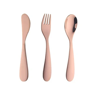 Image of Rose Gold Children Cutlery Metal, 3 Pcs Stainless Steel Kids Flatware Set with Knife/Fork/Spoon, Todler Silverware Healthy &amp; Mirror Polished, Dishwasher Safe
