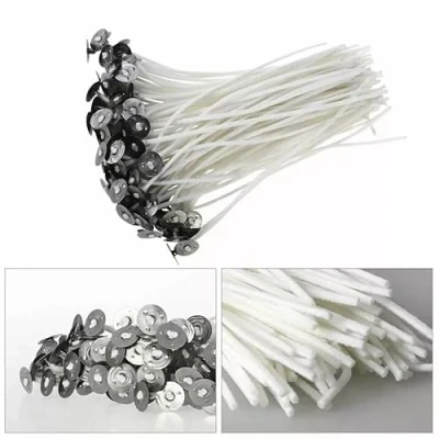 Image of Candle Wicks 100 Pcs with Metal Tabs &amp; Wick Holder 150mm Long Pre Waxed Low Smoke Ideal for DIY Making White