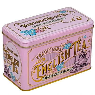 Image of New English Teas Vintage Victorian Tea Tin in Pink with 40 Breakfast 1869 Blend Teabags
