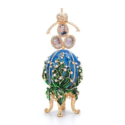 Image of QIFU Vintage Blue Lily of The Valley Easter Egg Style Enameled Collectible Figurine with Pearl and Rhinestone, Unique Gift for Home Decor