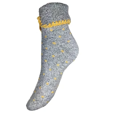 Image of Joya Luxurious Cuff Bed Wool Blend Socks UK 4 7 EU 36 40 Grey With Mustard Dots