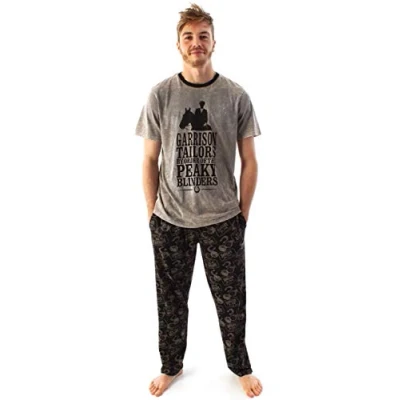 Image of PEAKY BLINDERS Pyjamas For Men Adults Grey Wash Tommy Shelby T Shirt &amp; Black Drawstring Loungepants PJ Set Brothers Sleepwear Outfit