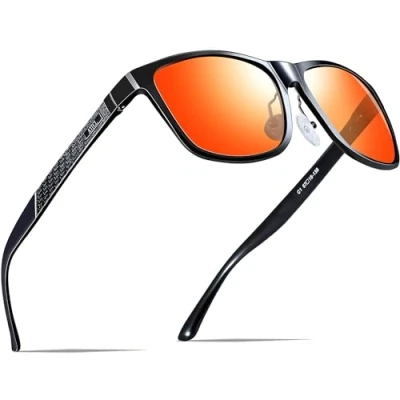Image of ATTCL Men&#039;s Retro Driving Polarized Sunglasses Man Al Mg Metal Frame Ultra Light UV400 CAT 3 CE (8587 Black Frame/Red Lens(mirrored))