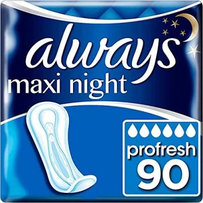 Image of Always Maxi Profresh Night Sanitary Towels, 90 Towels (9 x 10 Packs), Odour Neutraliser, Super Absorbent Core