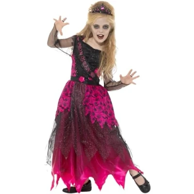 Image of Smiffys Deluxe Gothic Prom Queen Costume, Pink &amp; Black with Dress Tiara, Halloween Child Fancy Dress, Up Costumes