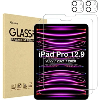 Image of ProCase 2+2 Pack Screen Protector for iPad Pro 12.9 inch 6th 5th 4th Generation 2022 2021 2020 with Camera Lens Protector, Tempered Glass Film Guard 12.9&quot; Clear