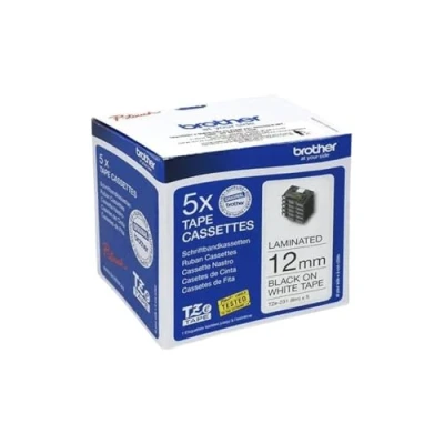 Image of Brother Tze 231 Labelling Tape Cassettes, Black on White, Multi Pack, 12 mm (W) x 8 m (L), Includes 5 Tapes, Genuine Supplies