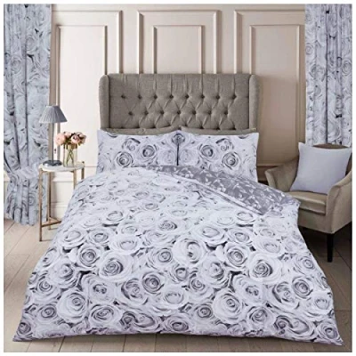 Image of GC GAVENO CAVAILIA Flower Duvet Cover Set, Poly Cotton Botanical Bedding King Size, Soft Comforter Covers, Grey