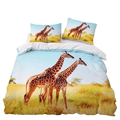 Image of Sticker Superb. Animal 3D Bedding Set Soft Microfiber Polyester Zipper Duvet Cover with Pillowcase 50x75 cm Boy Girl Quilt Single Double King Size, Prairie Giraffe (Yellow,Double 200x200 cm)