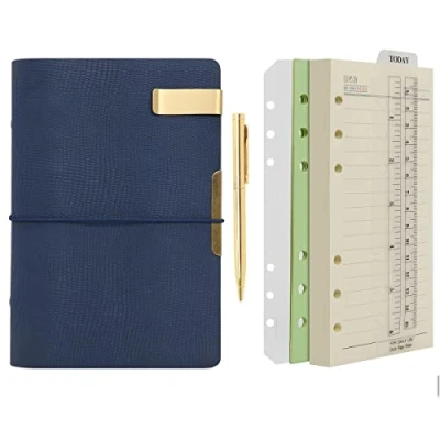 Image of Wonderpool Leather Journal Lined Paper Notebook &amp; Pen Refillable 6 Ring Binder Writing Spiral Diary with Ruled Notepads Vintage Cover for Office Travel Work and Plan Agenda (b Blue, A6)