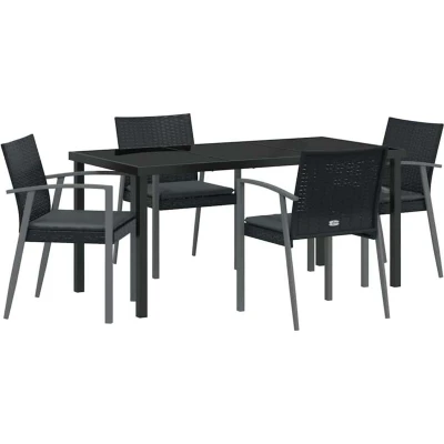 Image of vidaXL 5 Piece Garden Dining Set with Cushions Black Poly Rattan