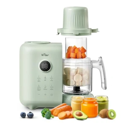 Image of Bear 2025 Baby Food Maker with Two Layer Steam Baskets, 6 Multifunctions Processor Steamer Puree Blender, Mill Bottle Warming，Sterilizing and Auto Cleaning Function, BPA Free