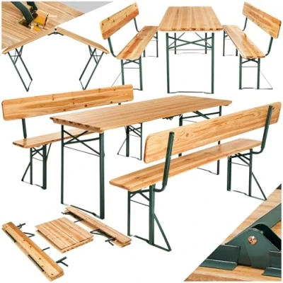 Image of TecTake® 3 Piece Garden Table &amp; Bench Set for 8 People, Folding Benches in Water Repellent Fir Wood with Backrests Sturdy Steel Frame, Picnic, Camping, Beer Festivals
