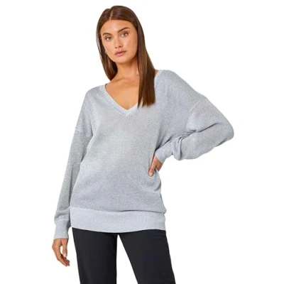 Image of Roman Womens Relaxed Stretch Shimmer V Neck Jumper Metallic Size 18 UK