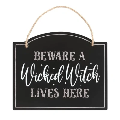 Image of Quirky Halloween Hanging Sign: Beware A Wicked Witch Lives Here Spooktacular Witchy Door Decor &amp; Magic Accent Themed Wall Art Entryway Decoration