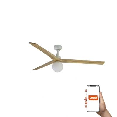 Image of Klim Large 3 Blade Ceiling Fan Matt White, Oak Wood with Light 1x E27 Tuya Smart System