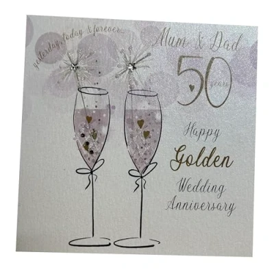 Image of WHITE COTTON CARDS Champagne Flutes Mum &amp; Dad On Your Golden Handmade 50th Anniversary Card, White, P50M,16cm x 16cm