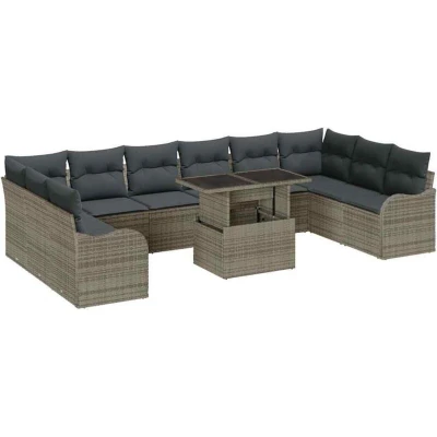 Image of vidaXL 11 Piece Garden Sofa Set with Cushions Grey Poly Rattan