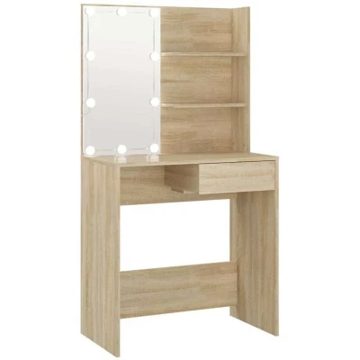 Image of vidaXL Engineered Wood Dressing Table in Sonoma Oak with LED Lights, Storage Drawer and Shelves, Wall Attachment for Safety Modern Style Bedroom