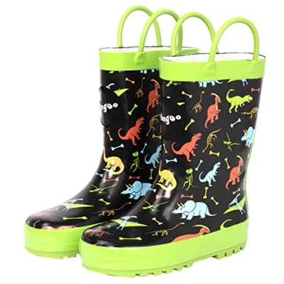 Image of Fringoo Boys Welly Size 7 UK Child Rubber Neon Green Accents Multicolour Dinosaur Design Kids Rain Boots