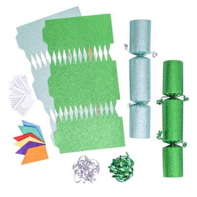 Image of evelay 12 Make Your Own Christmas Cracker Kit DIY Green &amp; Light Glitter Crackers Hats Snaps Jokes (Green, Green)