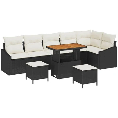 Image of vidaXL 9 Piece Garden Sofa Set with Cushions Black Poly Rattan Acacia