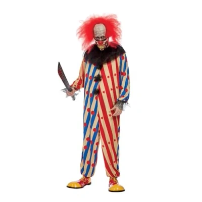 Image of Smiffys Creepy Clown Costume, Red &amp; Blue All In One, Neck Ruffle Mask, Halloween Adult Fancy Dress, Dress Up Costumes
