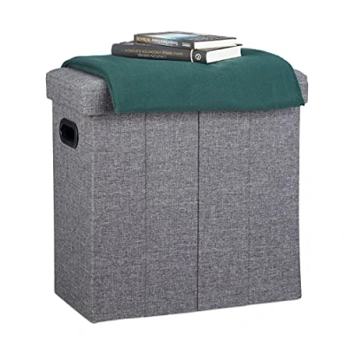 Image of Relaxdays Folding Ottoman, HxWxD: 49.5 x 46 25.5 cm, with Storage, Foldable Footstool, Linen, Polyester, MDF, Dark Grey