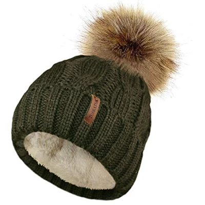 Image of TOSKATOK Ladies Chunky Soft Cable Knit Hat with Cosy Fleece Liner and Detachable Faux Fur Pompom Olive