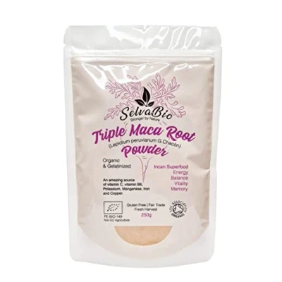 Image of Triple Maca Root Powder, Organic Gelatinized, Certified, 250g from Peru, Women Hormonal Balance or for Men Prostate Support, by SelvaBio.