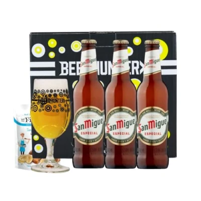 Image of San Miguel Especial Spanish Lager 330ml Bottles Gift 3 Pack with Branded Glass World Beer Gifts for Men and Women, Beers Lagers Offers, Craft Set, Mens Birthday Him Her
