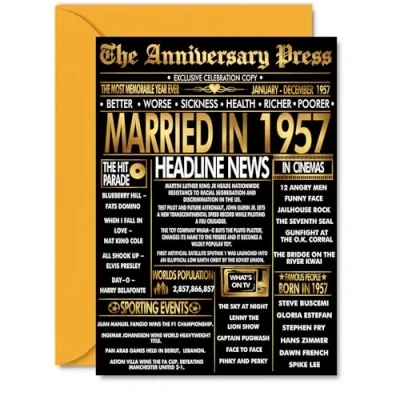 Image of Gold 68th Anniversary Card for Men Women Golden Newspaper Married in 1957 Happy 68 Year Wedding Husband Partner Wife Companion, A5 Anniversaries Greeting Cards