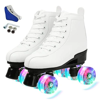 Image of XUDREZ Roller Skates Double Row Adjustable High top Indoor Outdoor Adult (White flash wheel,34=UK:3)